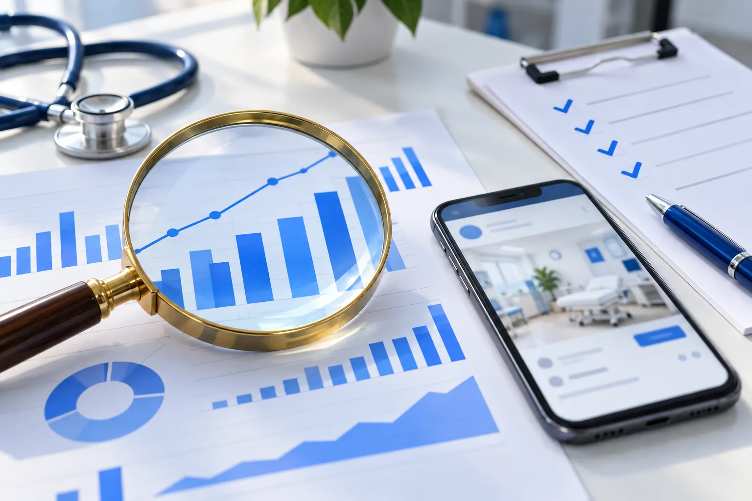 Magnifying glass over a printed ad report with charts, beside a phone and a checklist clipboard.