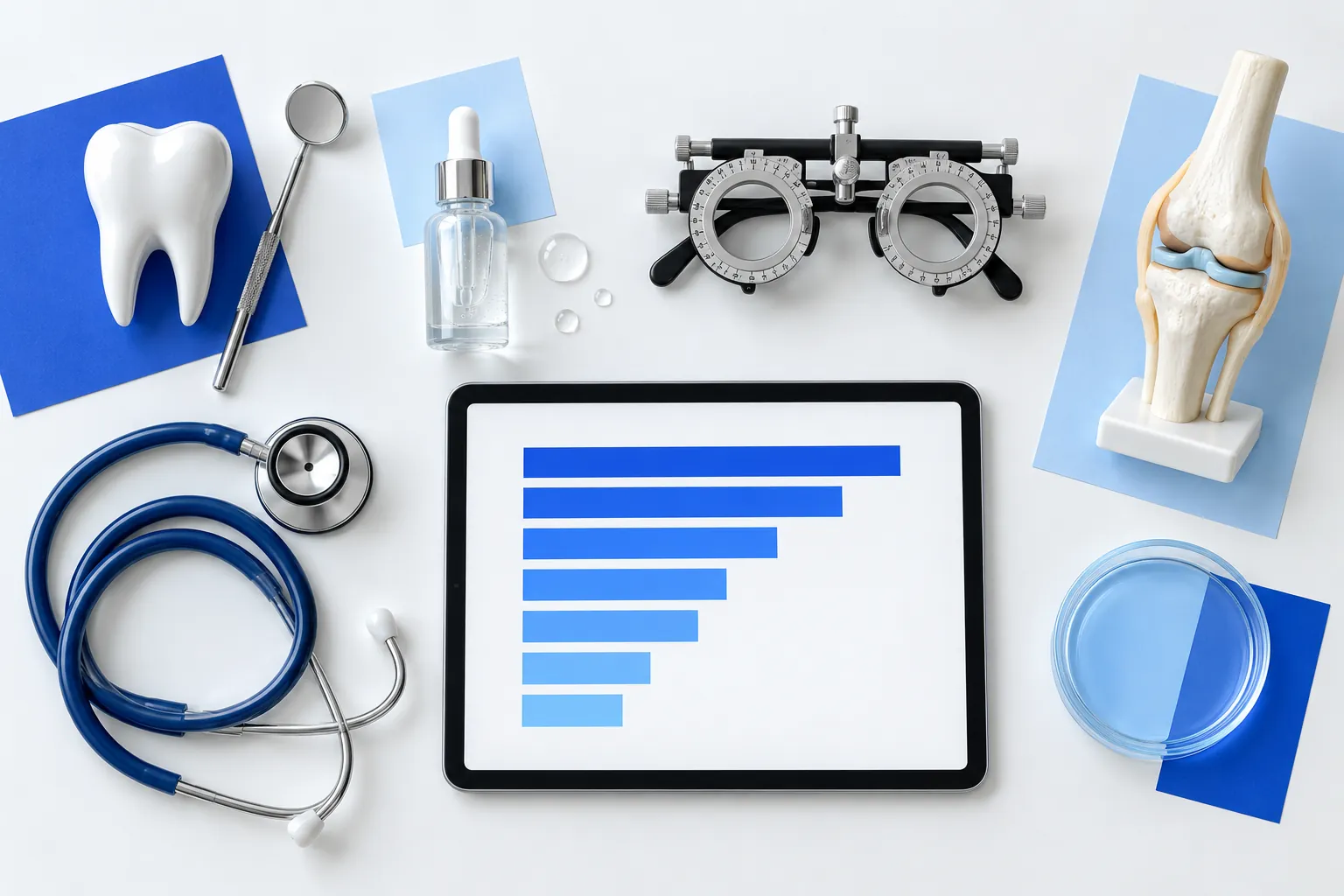 Flat lay of a dental model, skincare dropper, eye-test frames and a stethoscope on a white desk.