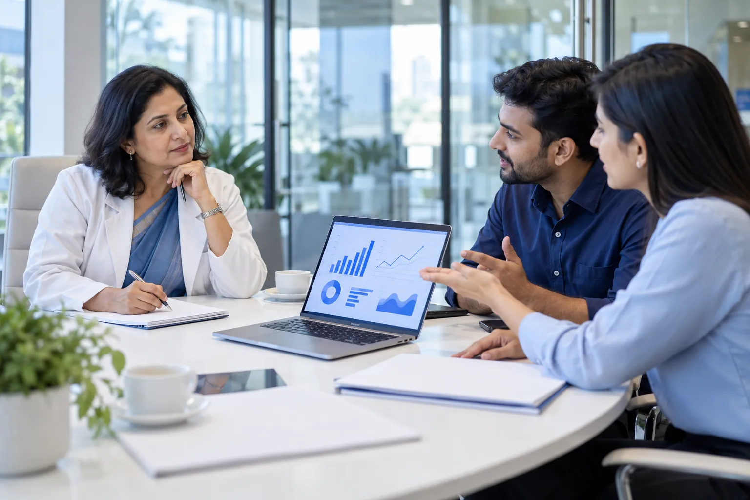 Clinic owner reviews a marketing dashboard with two consultants in a bright meeting room.