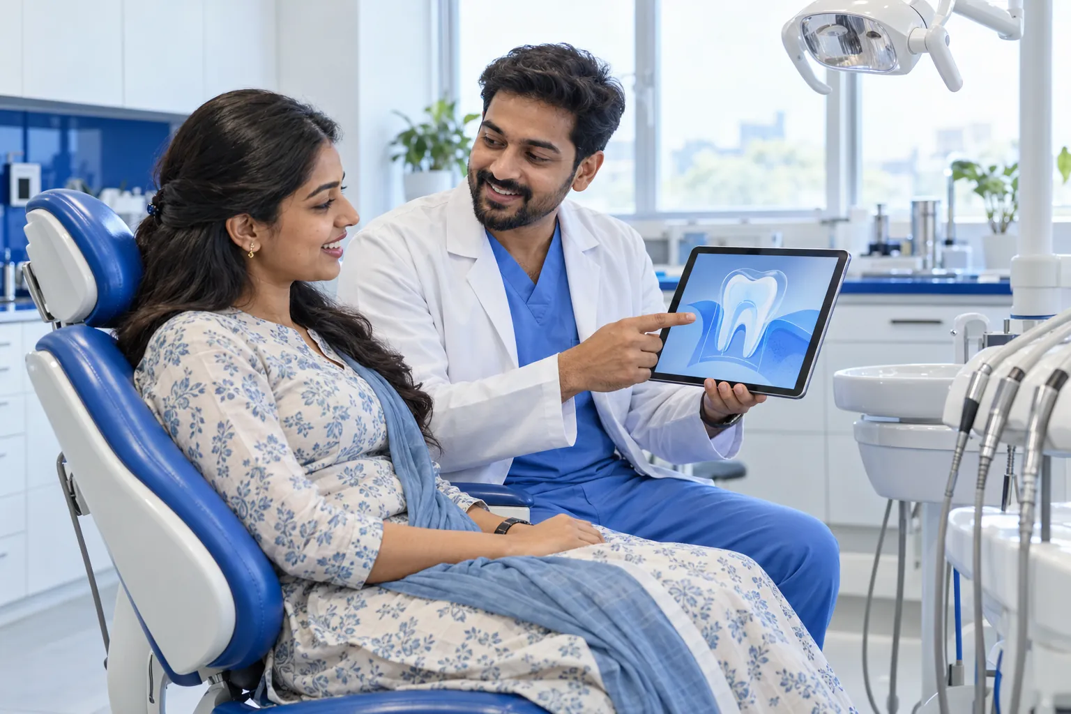 Dentist shows a smiling patient in a dental chair a treatment plan on a tablet.