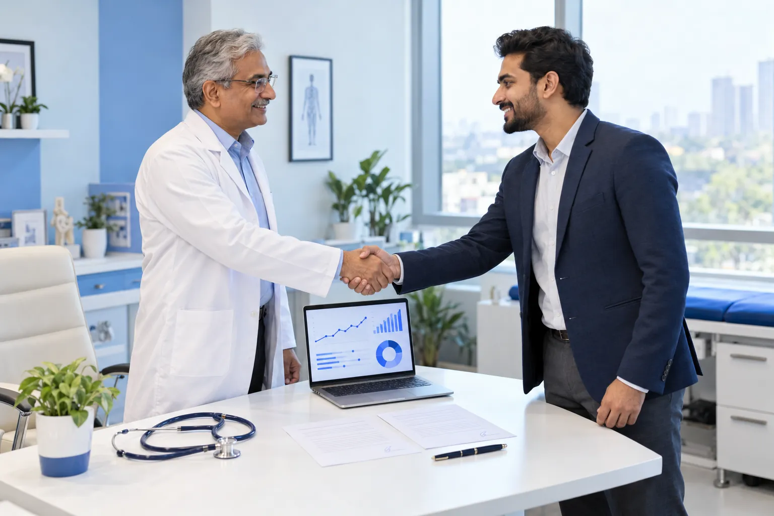 Doctor and agency consultant shake hands across a desk with a campaign plan on a laptop.