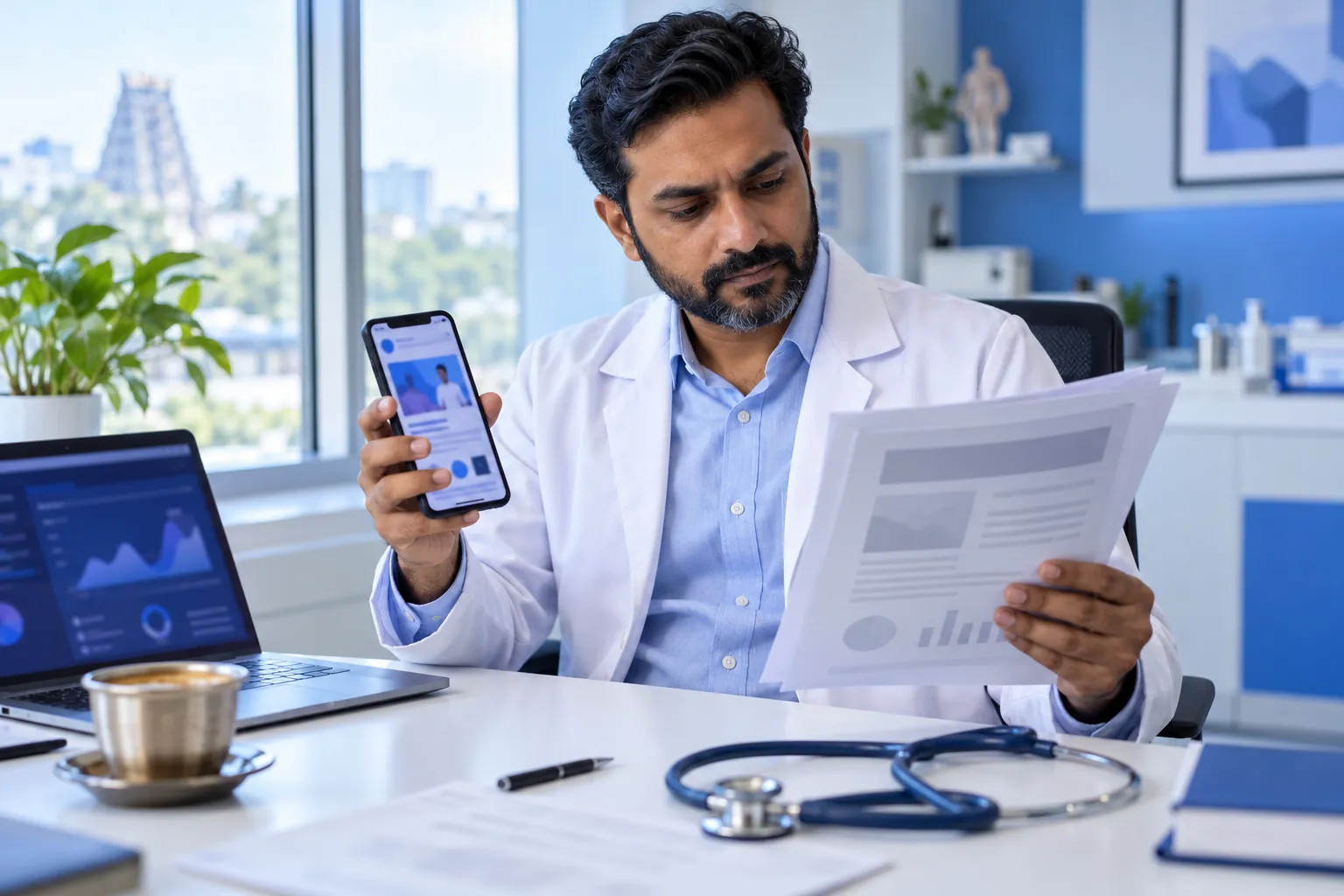 Doctor in a Tamil Nadu clinic office reads a printed guideline document while checking an ad preview on his phone.