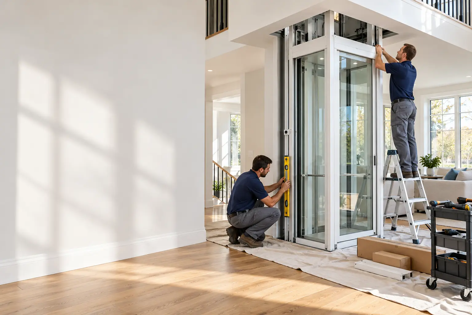 Two installers fit and level a glass home elevator in a bright two-story home.