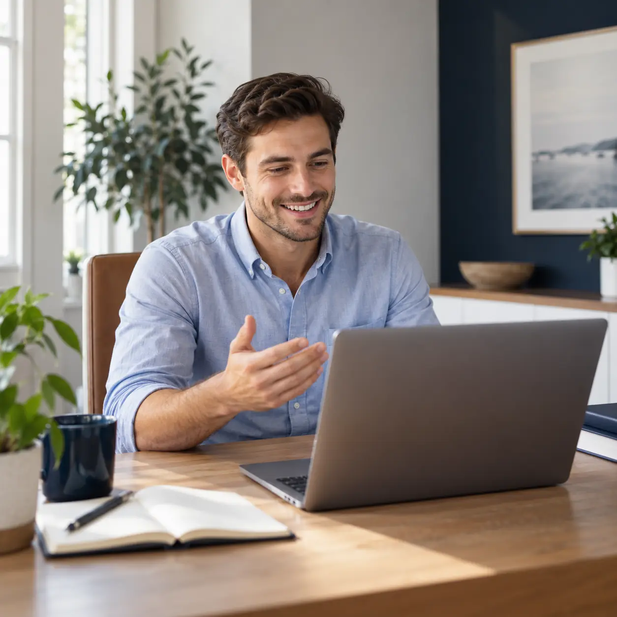 Smiling strategist speaks on a laptop video call in a bright office.