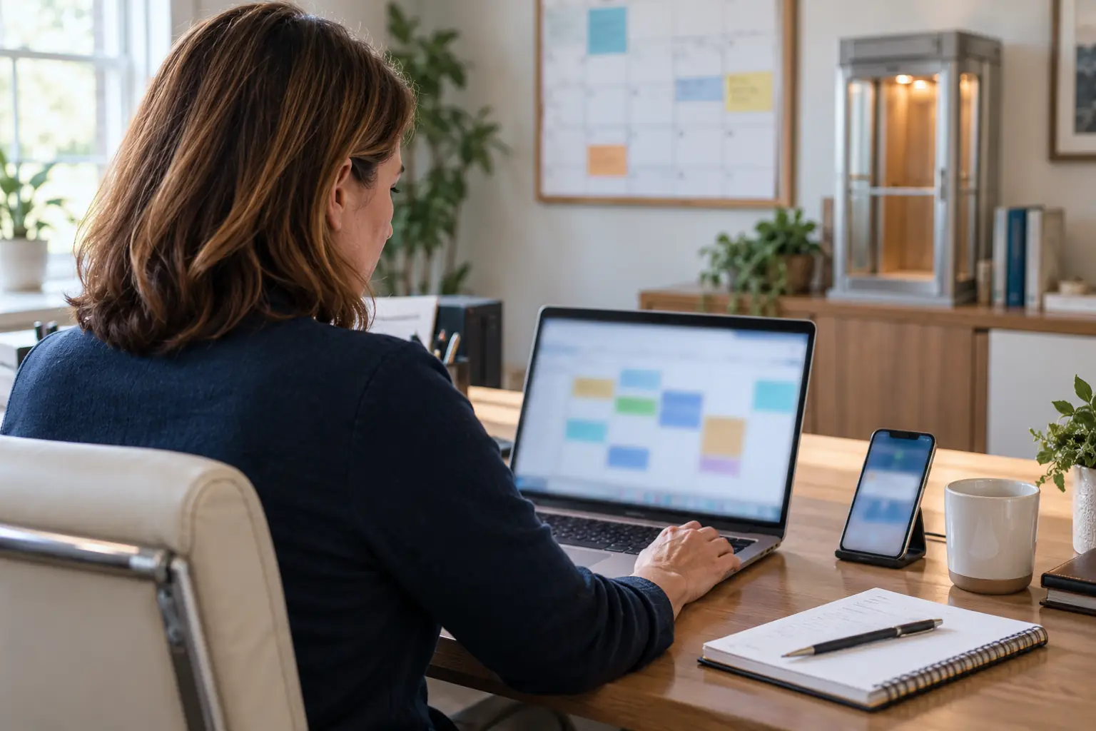 Office manager views a blurred calendar on a laptop beside a smartphone.