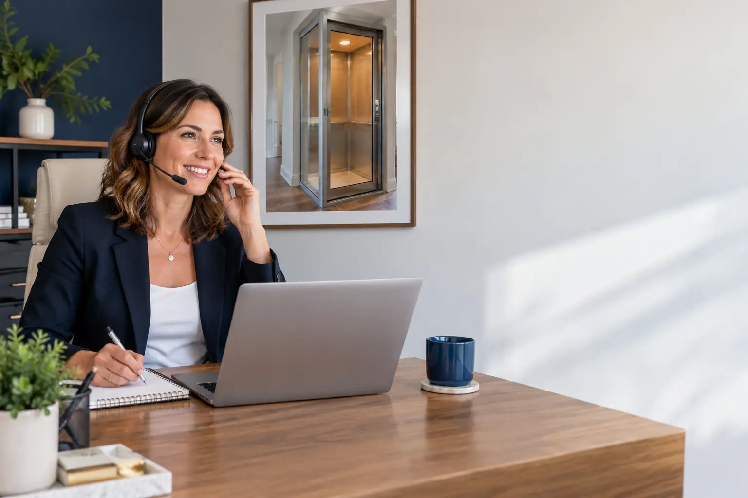 Dealership team member takes a call with a headset at a tidy desk.