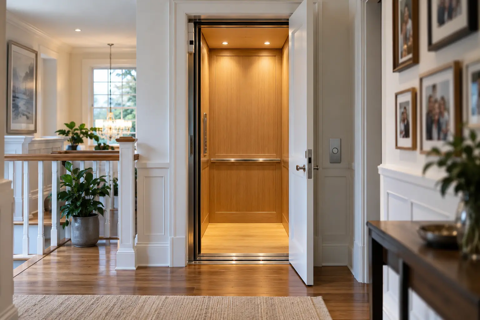 Open home elevator with a warm oak interior in a family hallway.