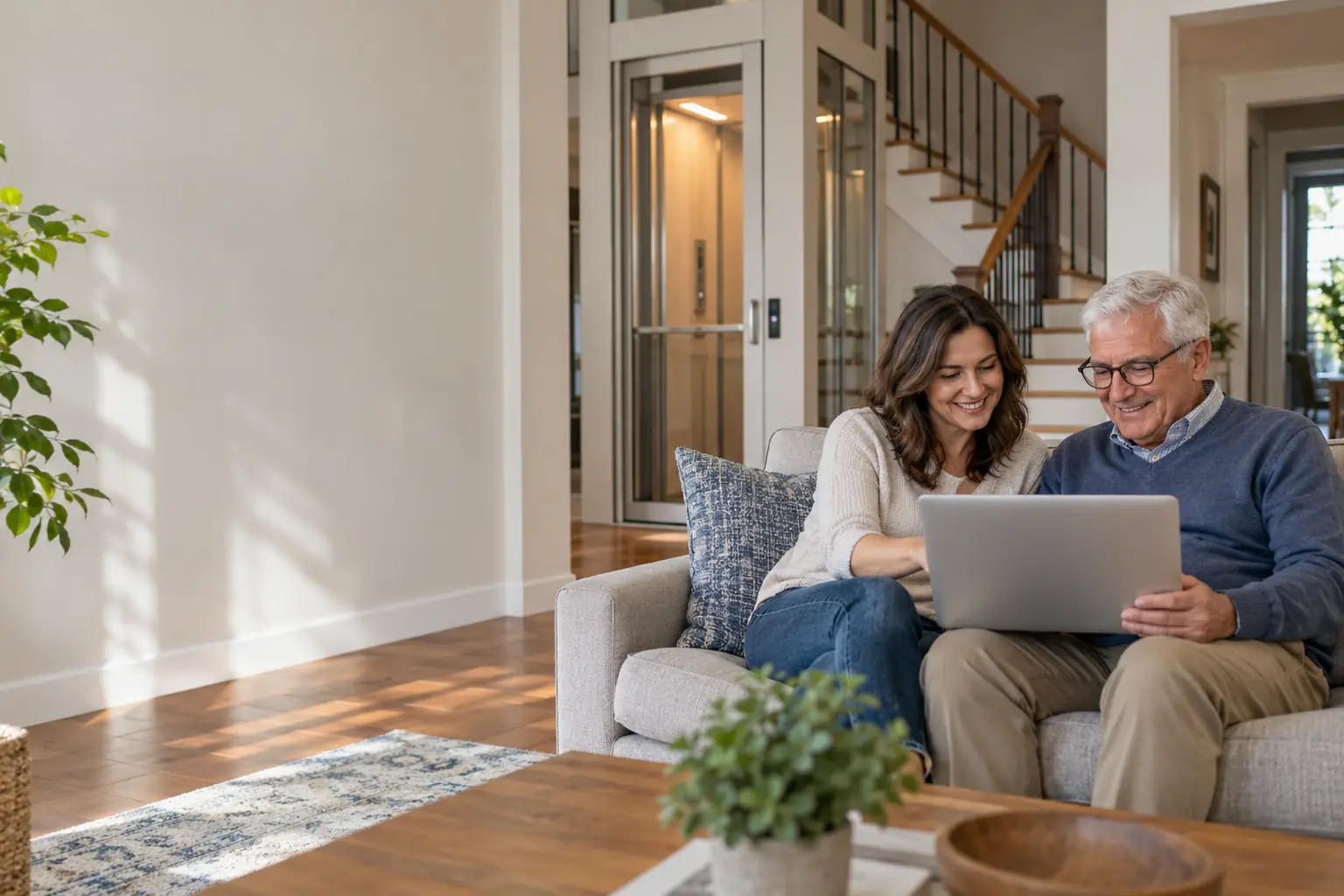Daughter and father smile while looking at a laptop on their living-room sofa.