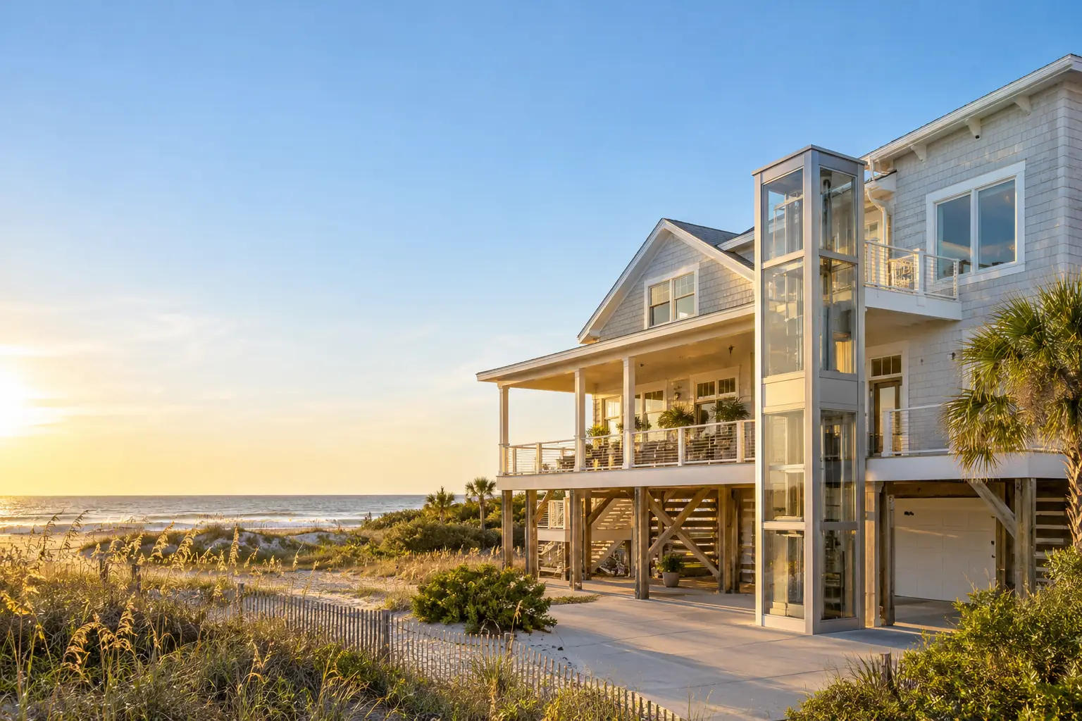 Raised coastal home with an exterior glass elevator at sunset.
