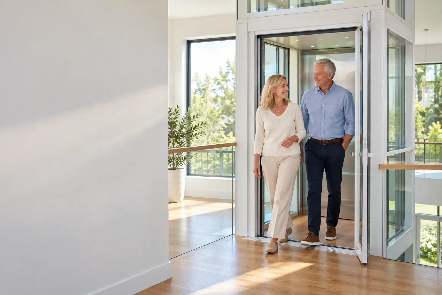 Couple steps out of a glass home elevator onto a sunlit landing.