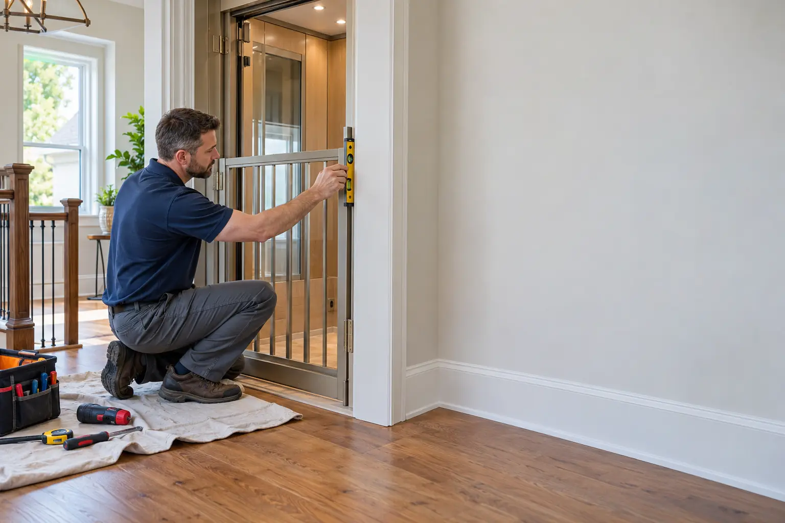 Installer checks a home elevator gate with a spirit level.