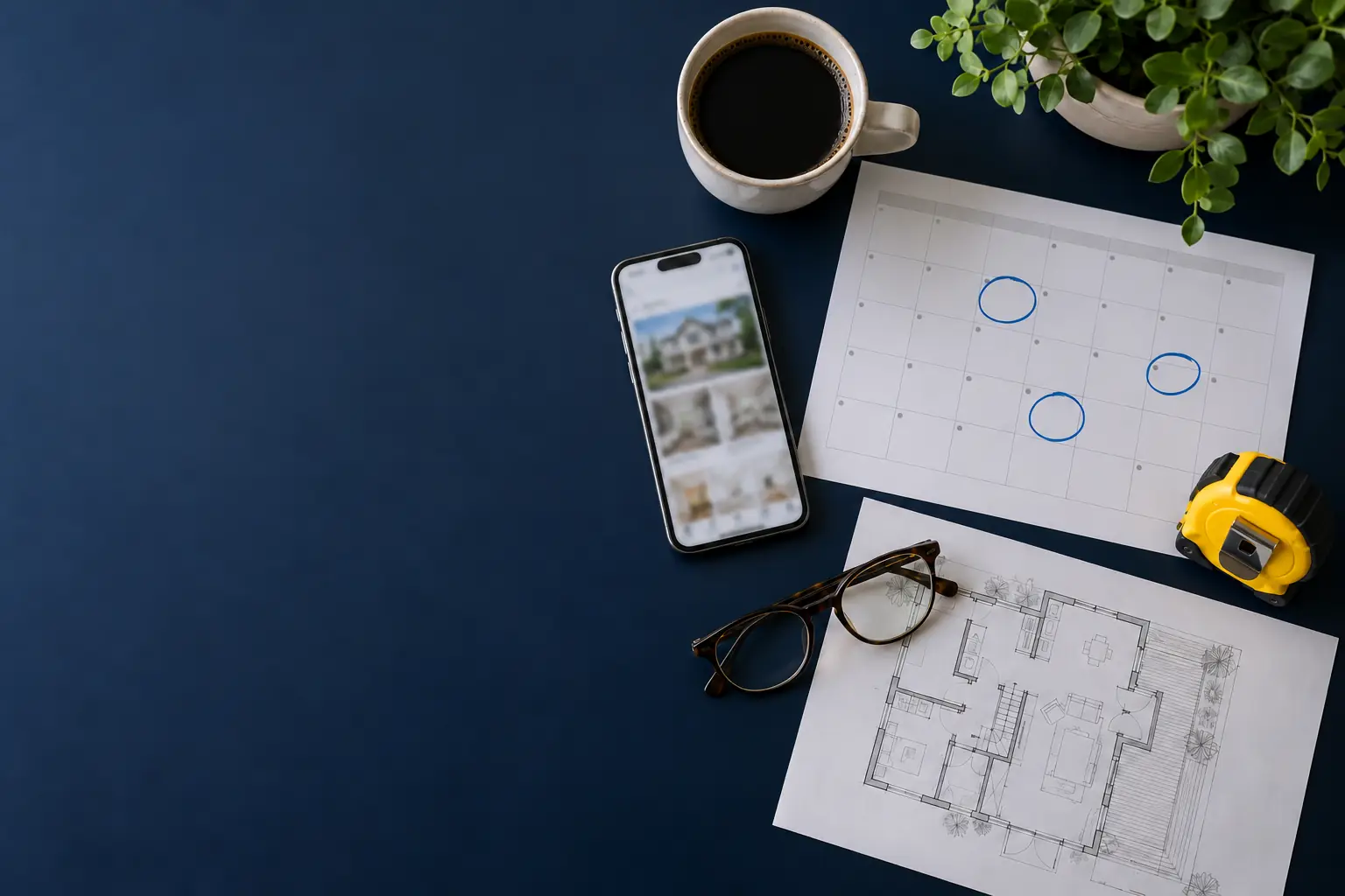 Phone, calendar, floor plan, tape measure, glasses and coffee on a navy desk.