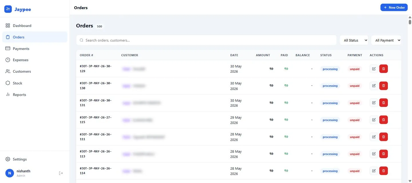 Jaypee order tracker dashboard showing 500 orders with status and payment columns