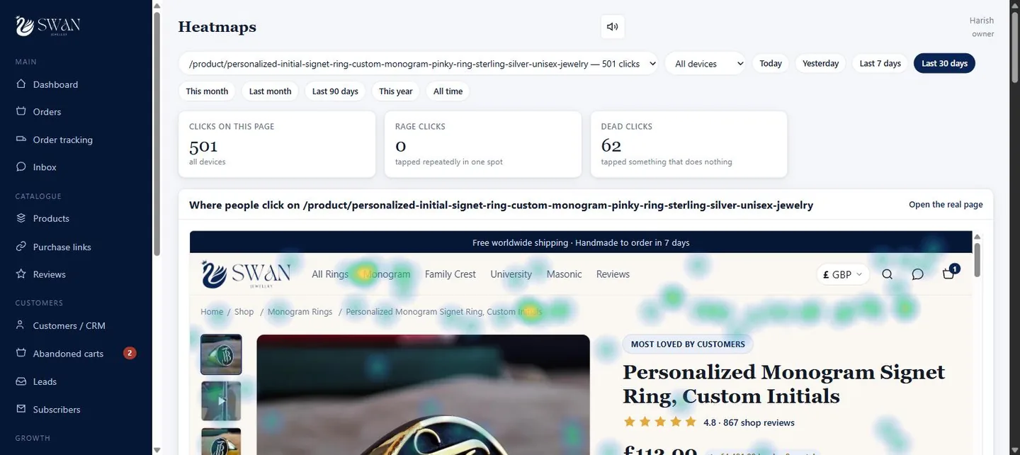 Click heatmap overlaid on a live Swan Jewellry product page showing rage clicks and dead clicks