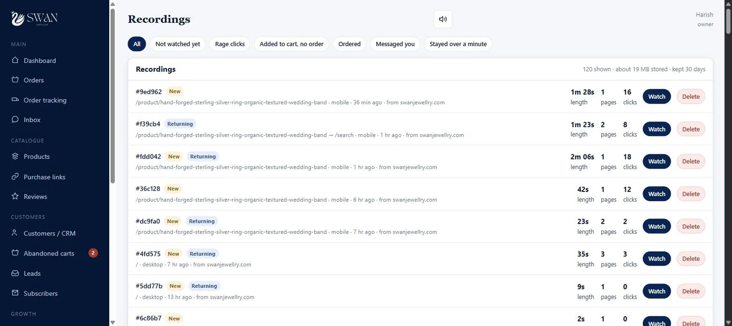 Session recordings list in the Swan Jewellry admin panel with filters for rage clicks and abandoned carts