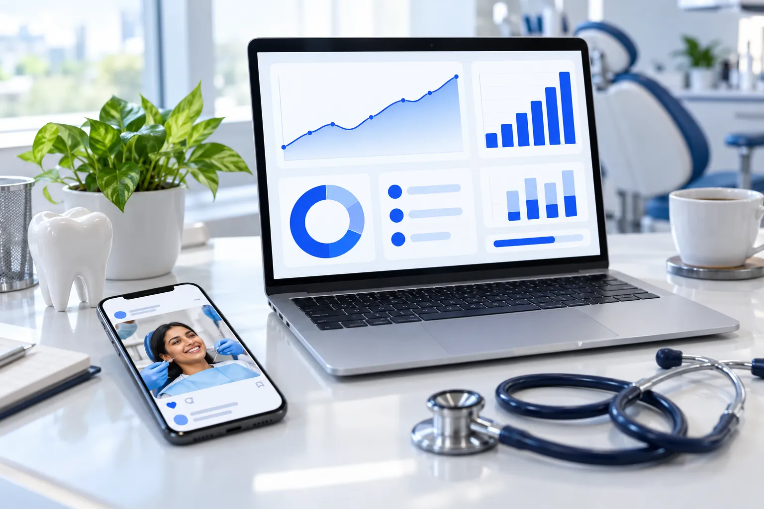 Laptop showing an ad dashboard on a clinic desk.
