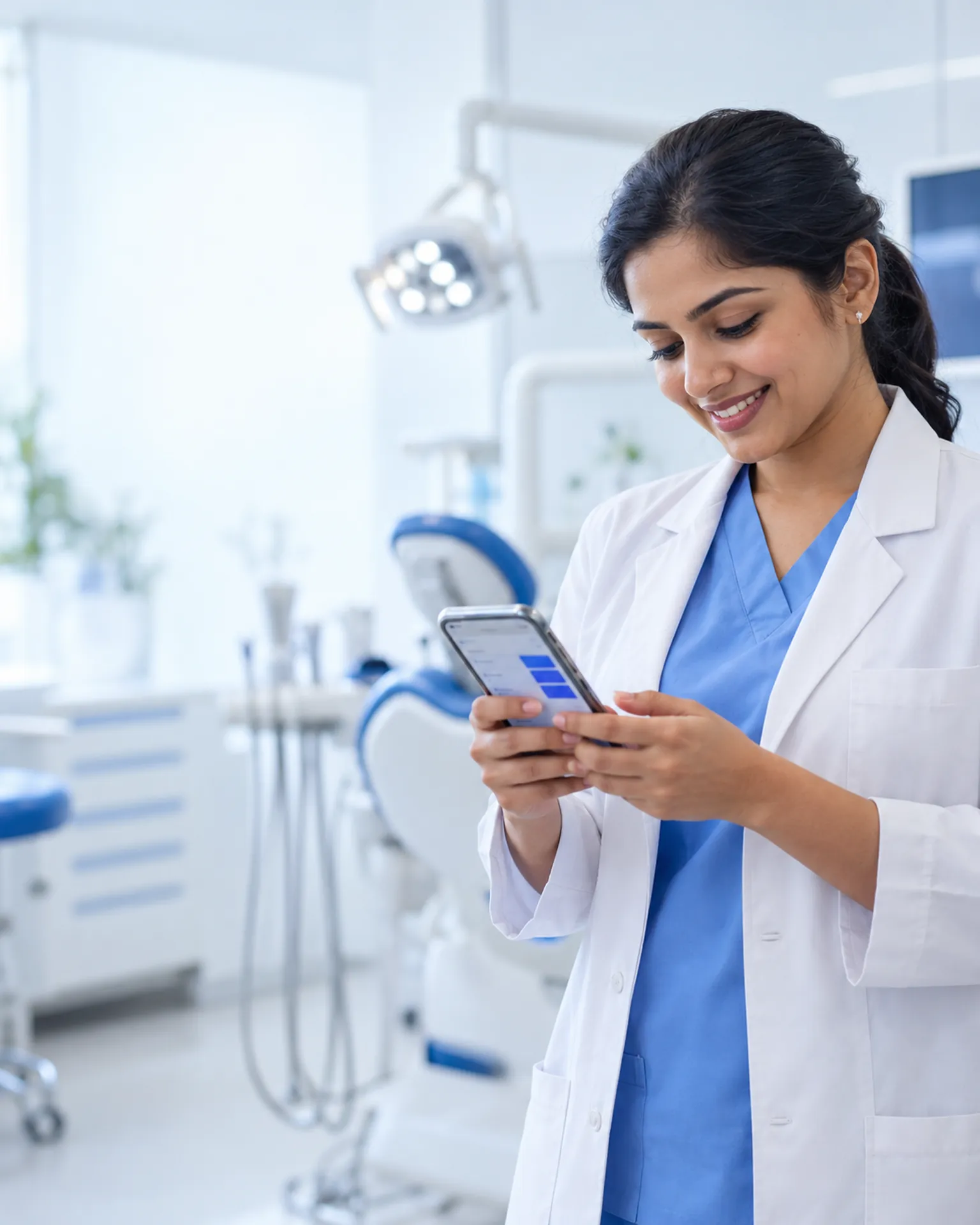 Dentist in a modern Indian clinic smiles at booked appointments on her phone.