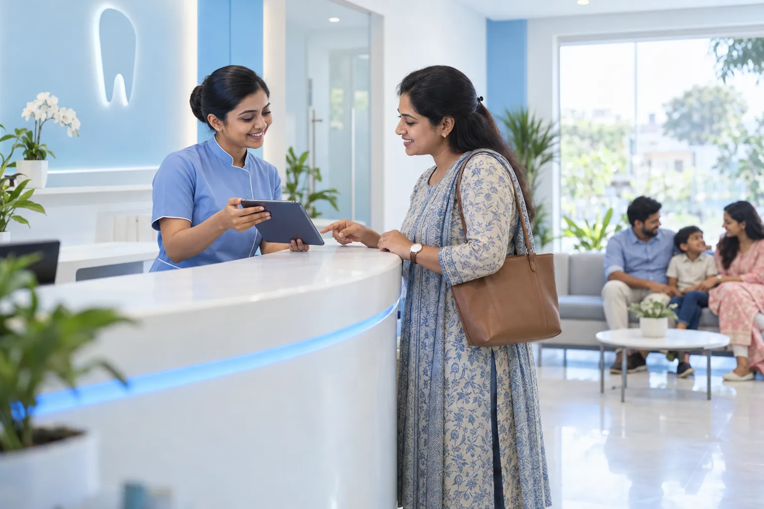 Receptionist at a bright dental clinic in Coimbatore confirms a patient appointment on a tablet.